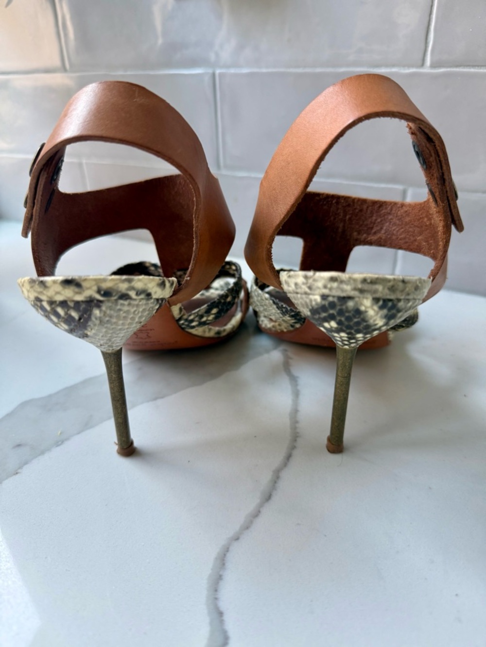 Pedro Garcia Tan Leather Sandals with Snakeskin Accents - Picture 6 of 9